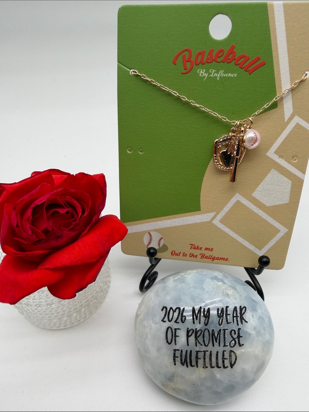 Baseball Charm Necklace, Red-Accented Pendant; gold plated zinc alloy, 17”